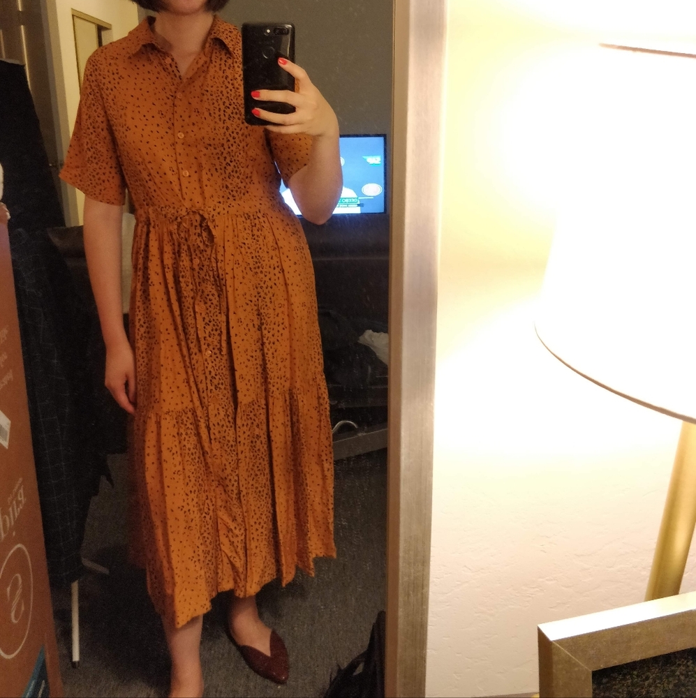 MNG Mango Midi Animal Print Short Sleeve Shirt Dress Size 8 Orange